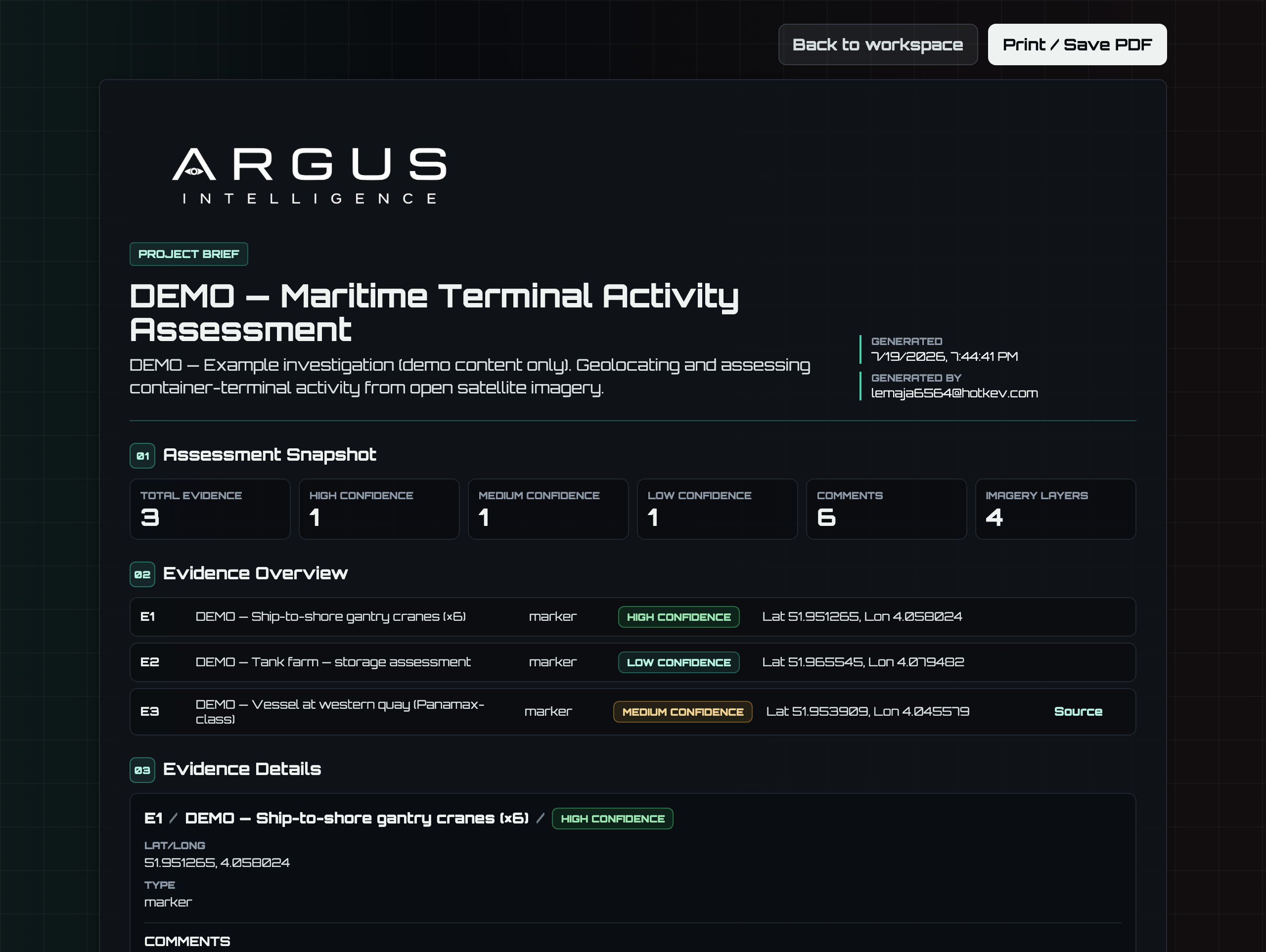 ARGUS project brief showing an assessment snapshot and evidence overview.