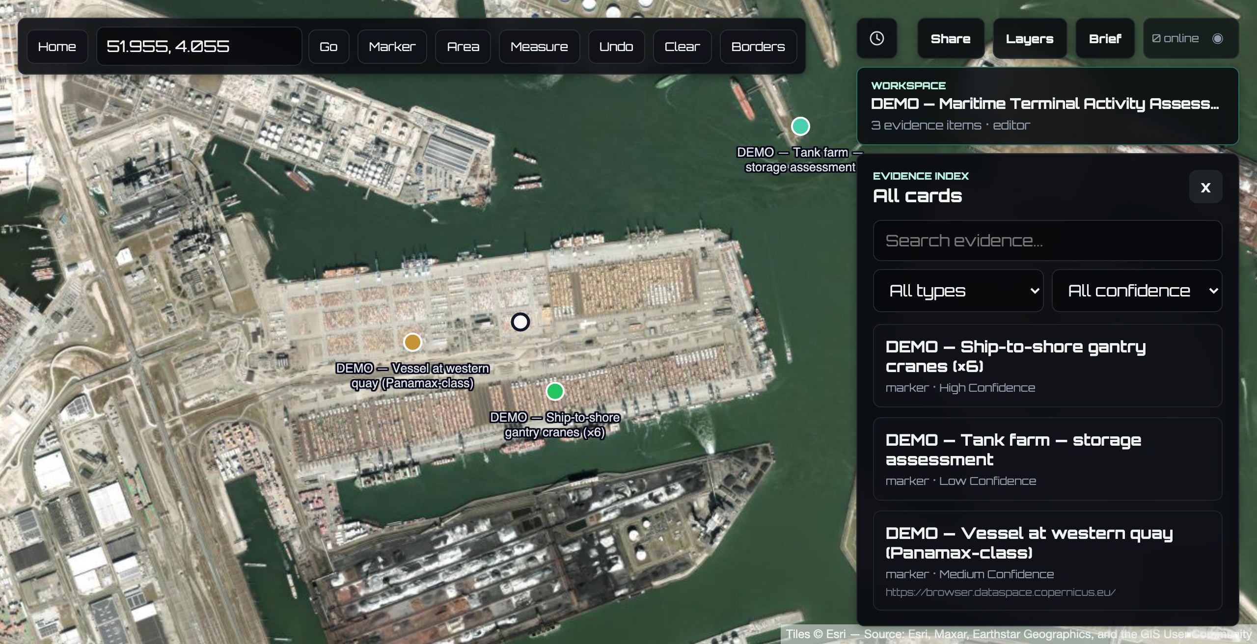 ARGUS evidence index open over a satellite map with three geolocated findings.