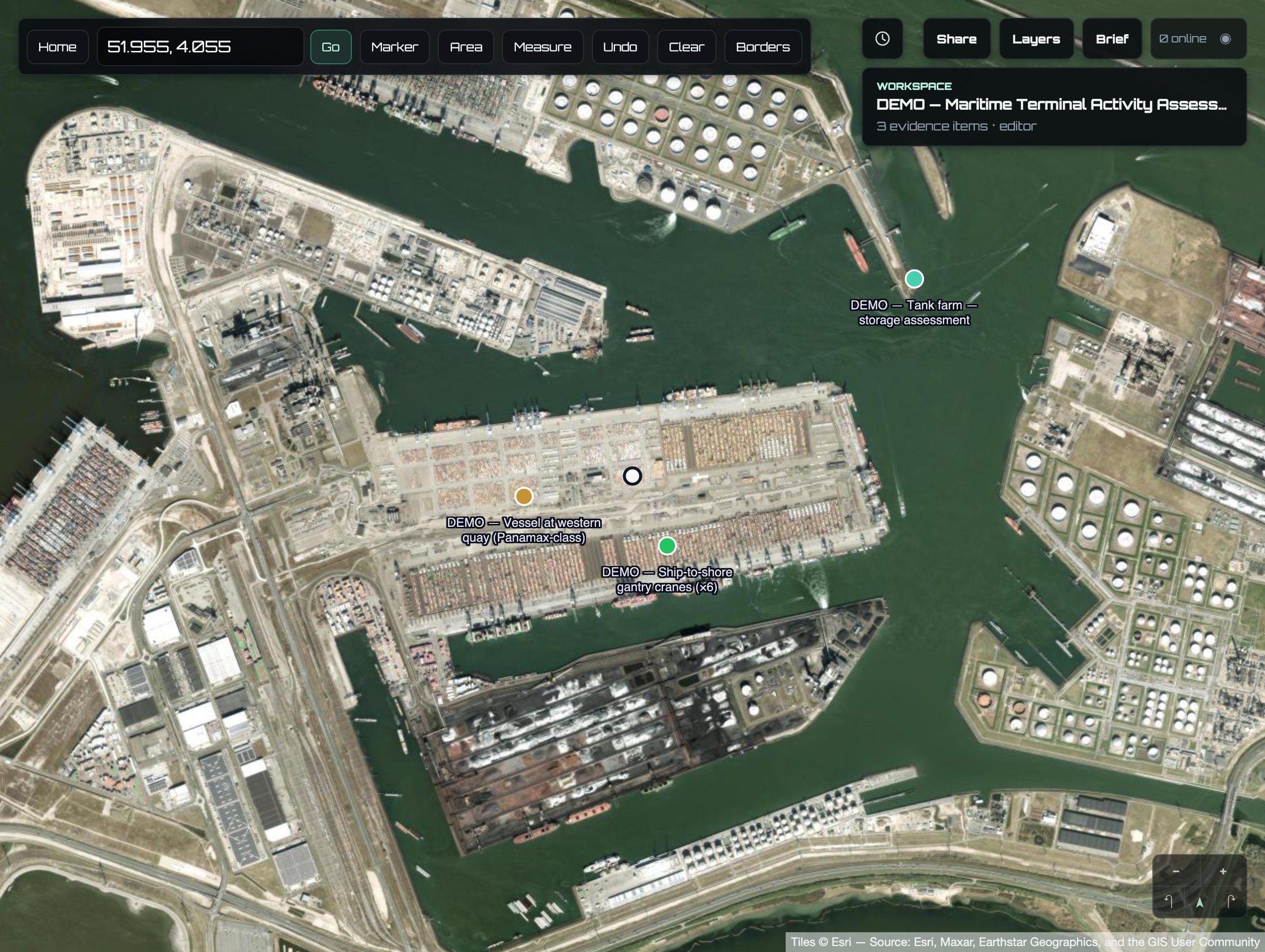 ARGUS workspace centered on a maritime terminal with confidence-coded evidence markers.